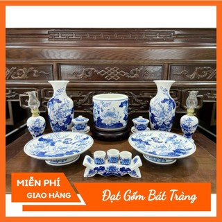 Đồ thờ cúng - Bộ thờ cúng đồ thờ men lam vẽ hoa sen gốm sứ Bát Tràng