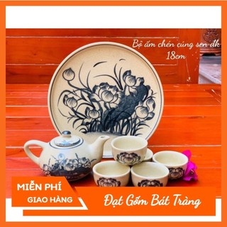 Đồ thờ cúng - Bộ trà cúng 5 chén , ấm chén 5 chén hoạ tiết sen men rạn Bát Tràng
