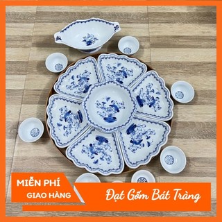 Bộ bát đĩa hoa mặt trời vẽ sen men lam gốm sứ Bát Tràng