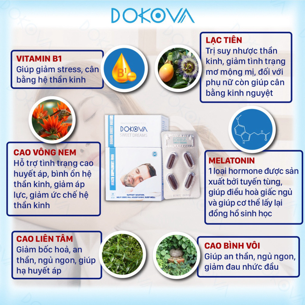 Viên Uống Ngủ Ngon DOKOVA SWEET DREAMS Hỗ Trợ Ngủ Đủ Giấc Sâu Giấc Dưỡng Tâm An Thần Hộp 20 Viên - Hàng Chính Hãng