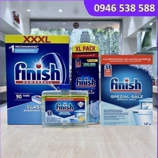 Combo finish: viên rửa bát finish classic 90 viên + nước bóng finish 750ml + muối finish 1,2kg + dung dịch vệ sinh