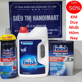 Combo muối rửa bát Finish 1.2kg + Bột rửa bát Finish 2,5kg powder + Nước làm bóng finish hữu cơ dùng cho máy 800ml