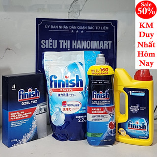 Bột rửa bát Finish 2.2kg + Muối rửa bát Finish 1.5kg + Nước làm bóng finish 800ml (Combo Bột rửa chén finish bột ly)