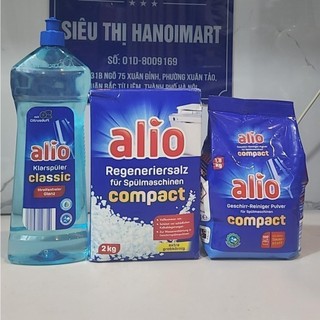 Combo Muối rửa bát Alio 2kg + bột rửa bát Alio 1.8kg + dung dịch dầu làm bóng bát 1 Lít dùng cho máy rửa bát chén ly