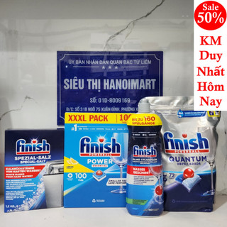 Combo viên rửa bát finish 100 Viên + muối rửa bát 1.2kg + Nước trợ xả làm bóng và khô bát finish 800ml