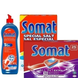 Nước làm bóng Somat chai 750ml + viên rửa bát somat 25 viên + 1.2kg muối rửa bát somat chuyên dùng cho máy rửa bát