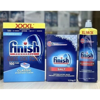 Combo 100 viên rửa bát Finish + 1.5kg Muối rửa chén finish + Nước làm bóng Finish 750ml