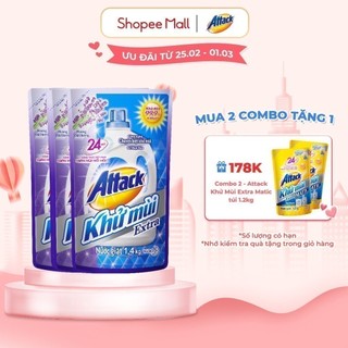 Combo 3 Nước giặt Attack Khử Mùi Extra Hương Oải Hương túi 1.4kg