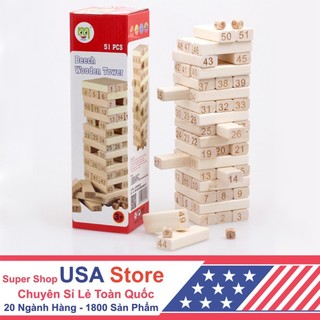Bộ Đồ Chơi Rút Gỗ 51 Thanh Siêu Lớn T10 - Xếp Hình Domino - Xây Thành (Cao 28.5Cm - 1 Thanh Dài 7.5Cm)