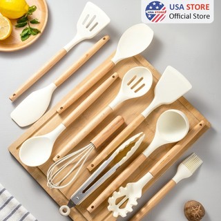 Bộ Dụng Cụ Nấu Ăn Bằng Silicone Cán Gỗ Kitchen Set Cao Cấp - Chất Liệu An Toàn Tuyệt Đối - Chịu Nhiệt Chống Dính