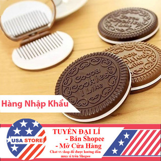 Gương Trang Điểm Bánh Quy Có Lược Tròn Mini Hàn Quốc Bỏ Túi, Soi Bé Nhỏ Bạn Gái Cầm Tay Di Động (Màu Nâu)