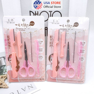 Bộ kit phụ kiện trang điểm kiểu 5 món dụng cụ kéo, dao, lược cắt tỉa lông mày