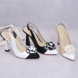   Giày phom nhỏ nâng size  Giày cao gót nhọn kiểu 7p và 10p bít mũi da mềm phối màu kết hoa hồng đính châu - BM117 