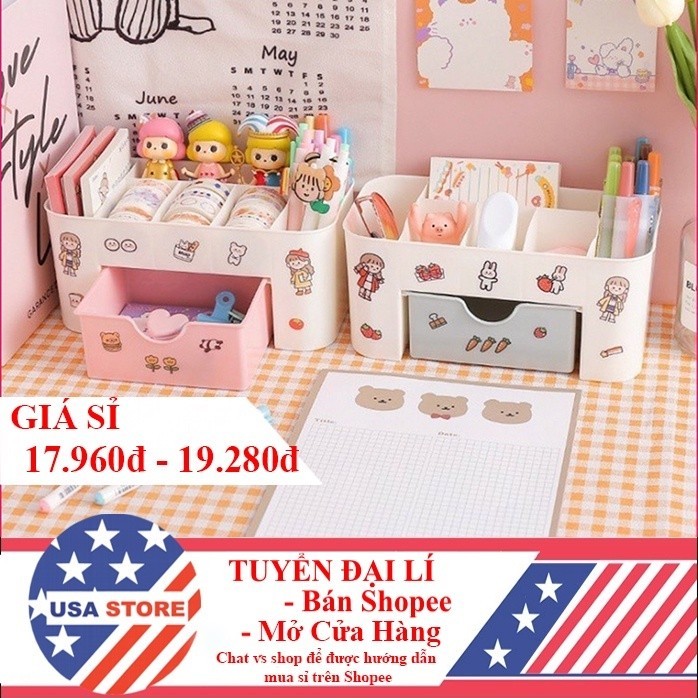 Kệ Đựng Mỹ Phẩm 2 Tầng T1, Hộp Có Ngăn Kéo Đựng Bông Tẩy Trang Nhựa Chắc Chắn