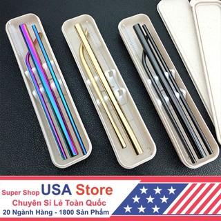 Set 3 Ống Hút Dài Inox 304 Đủ Size Kèm Chổi Cọ Rửa Và Hộp Cao Cấp (Màu Bạc)