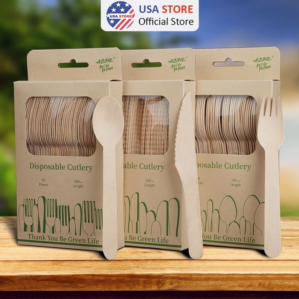 Set 100 Cái Dĩa Gỗ - Nĩa Gỗ - Dao Gỗ 16Cm Dùng 1 Lần Chất Lượng Cao An Toàn Cho Môi Trường - Quán Cafe, Nhà Hàng
