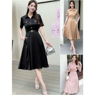 Hàng nhập - Đầm dáng xòe lụa gấm cổ sơ ki mi logo chìm, váy Quảng Châu tay ngắn đính phụ kiện 070824