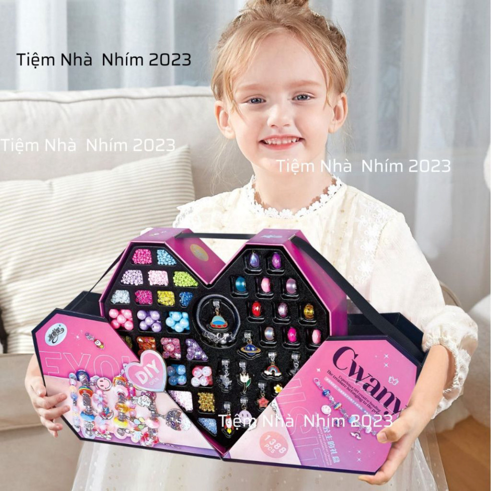Bộ Trang Sức Vòng PANDORA Kèm 384 xanh và hồng CHARM DIY FULL BOX Tình Yêu Cực Đẹp Dành Cho Bé Gái
