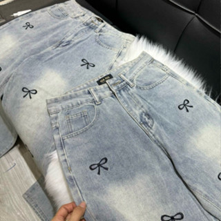 Quần Jean Nữ ống suông, quần bò nữ ống Suông thêu ống nơ đen chất vải QC mềm màu xanh nhạt bạc dáng dài Q16 zf