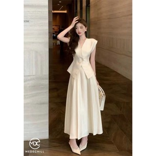 Set váy công sở áo sơ mi tay hến phối chân váy dáng xòe nhẹ nhàng, thanh lịch đường may mềm mại tôn dáng s340 medechill