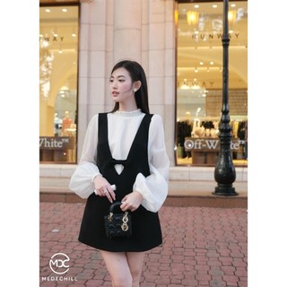Set yếm thanh lịch váy yếm 2 dây gắn nơ tạo điểm nhấn áo sơ mi dài tay cổ lọ phối ngọc sang chảnh s587 medechill