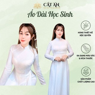 Áo dài trắng truyền thống học sinh cấp 3 cổ vuông vải Gấm cao cấp đi học đi lễ