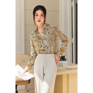 Áo sơ mi họa tiết nữ công sở gillee lụa tay dài giấu cúc fas256