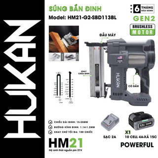 Súng bắn đinh pin hukan hm21-g2-sbd113bl, brushless, chiều dài đinh 15-55mm, đường kính đinh 1.14-1.2mm