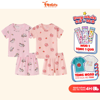 Bộ thun ngắn tay bé trai bé gái Rabity bộ đồ ngủ cho bé gái cotton mỏng mát cho trẻ em 93007