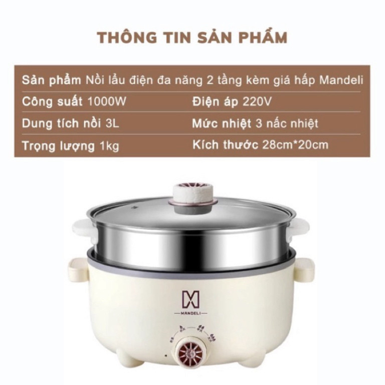Nồi Lẩu Điện Đa Năng Kèm Giá Hấp 28 cm Công Suất 1000W, Chống Dính Vân Đá Cao Cấp - Bếp Lẩu Gia Đình Kèm Giá Hấp