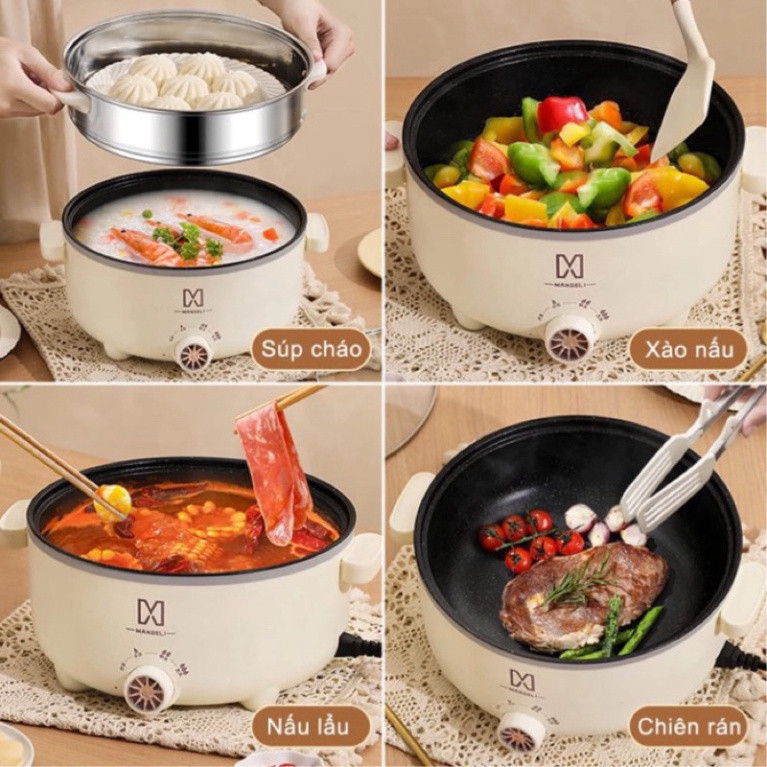 Nồi Lẩu Điện Đa Năng Kèm Giá Hấp 28 cm Công Suất 1000W, Chống Dính Vân Đá Cao Cấp - Bếp Lẩu Gia Đình Kèm Giá Hấp