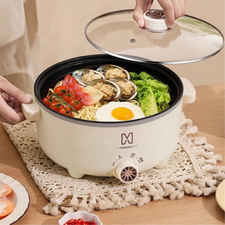 Nồi Lẩu Điện Đa Năng Kèm Giá Hấp 28 cm Công Suất 1000W, Chống Dính Vân Đá Cao Cấp - Bếp Lẩu Gia Đình Kèm Giá Hấp
