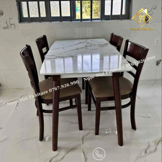Bàn ăn giả đá 4 ghế cabin - bàn ăn 4 ghế gỗ cau su bất ngờ gray clolor - hàng thật BH 12 tháng