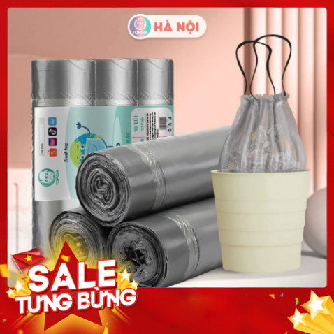Túi đựng rác có dây PP Top Gia, túi 3 cuộn đựng rác màu ghi thân thiện với môi trường A04