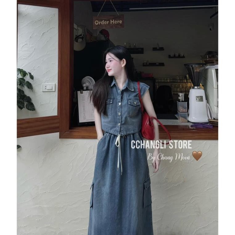 SET JEAN ÁO SÁT NÁCH CV MIDI TUI HỘP CHO NỮ