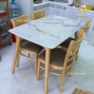 Bộ bàn ăn gỗ bất ngờ - bàn ăn giả đá 4 ghế - tương trợ mang lên chung cư