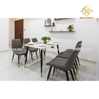 Bàn ăn 6 ghế mặt đá ceramic, bàn ăn 6 ghế thông thái thời thượng - bàn ăn nhà dân bh 12 tháng - kiến tạo bên trong