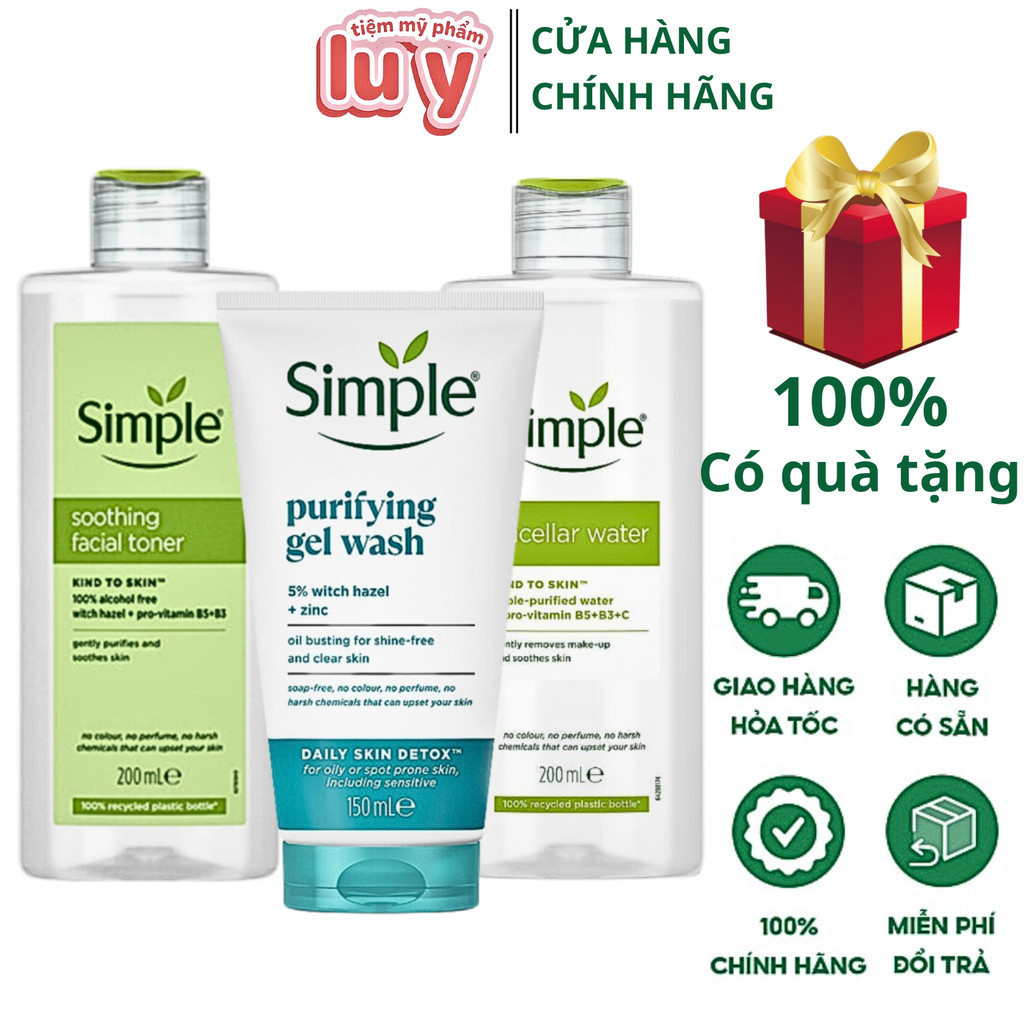 Combo simple toner simple 200ml + nước tẩy trang simple 200ml + sữa rửa mặt simple 150ml - LUY STORE
