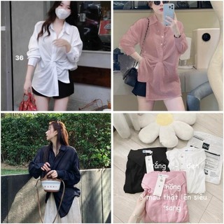 Áo sơ mi xoắn eo 3 màu đen trắng hồng nữ new