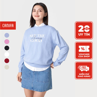Áo nỉ nữ canifa áo sweater cổ tròn dài tay in hình 6tw23w007