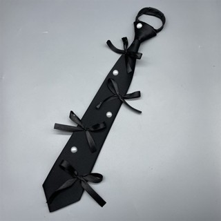 Cà vạt nữ sinh, cà vạt công sở đen đính nơ ruy băng hạt trai 6x35cm