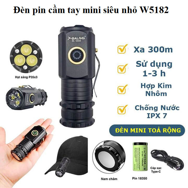 Đèn Pin X-BALOG BL-350X Cao Cấp – Siêu Sáng, 4 Chế Độ, Sạc Type-C, Nam Châm Hít, Chống Nước IPX6