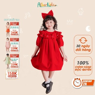Váy bé gái ALBERKIDS nhung đỏ đính NGỌC dài tay công chúa xinh đẹp cho trẻ em gái từ 2,3,4,5,6,7,8,9,10,11,12 tuổi [V44]