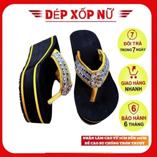  Dép xốp nữ xỏ ngón quai kẹp đính đá đế cao su cứng chống trơn trượt cao thấp đa dạng màu đen viền vàng 