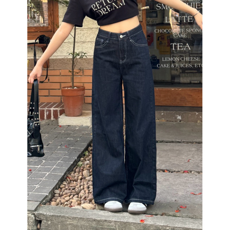 Quần Jean Ống Rộng, Quần Bò Ống Suông Lưng Cao Màu Xanh Chỉ Trắng Thích Hợp Với Nấm Lùn D120