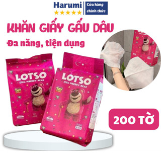 Khăn Giấy Lau Đa Năng Gấu Dâu LOTSO Bịch Lớn 200 Tờ Dùng Cả Tháng Mới Hết, Khăn Lau Mặt Dùng 1 Lần