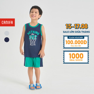 Bộ mặc nhà bé trai canifa áo ba lỗ quần soóc có hình in 2ls24s007