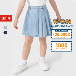 Chân váy denim bé gái canifa chất liệu 100% cotton, cạp chun, xếp ly 1ks23s003