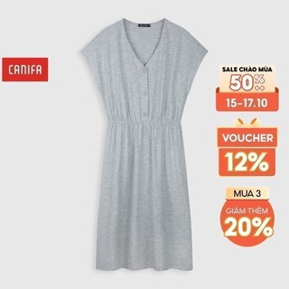 Váy liền nữ chun eo CANIFA chất liệu polyester pha dáng ôm trên thân áo và chân váy xòe cổ tim mở cúc tay cộc 6DS21S020