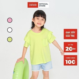 Áo phông bé gái CANIFA cotton 100% trơn cổ tròn cộc tay nhún bèo nhiều màu hồng trắng xanh - 1TS21W001